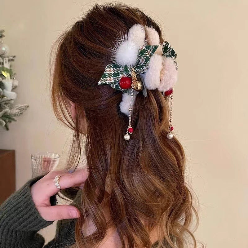 Stylishwe   クリスマス ふかふか チェック柄リボン付きドロップ バンスクリップ 3色