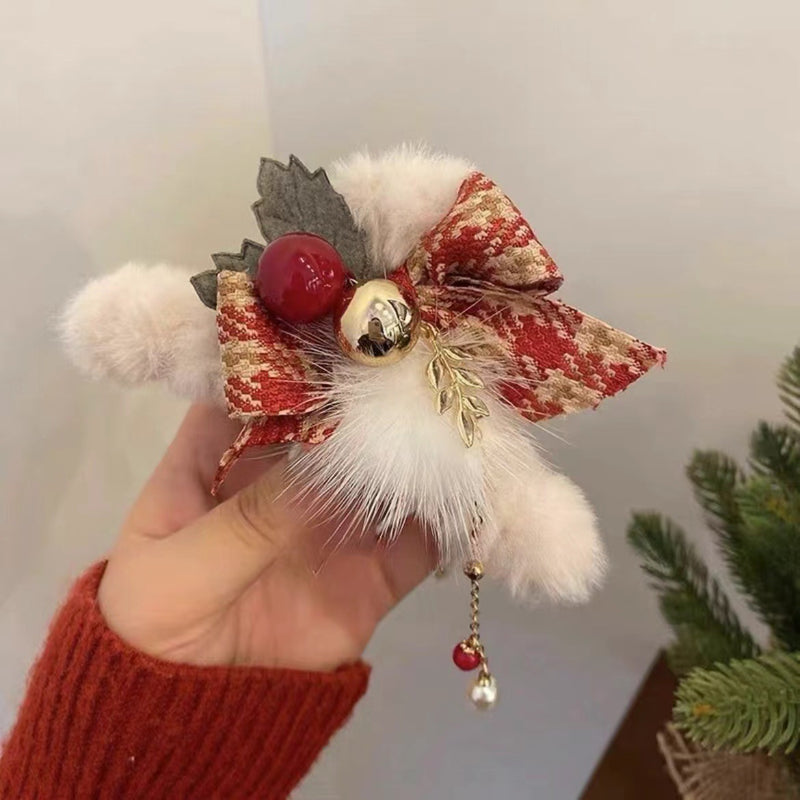 Stylishwe   クリスマス ふかふか チェック柄リボン付きドロップ バンスクリップ 3色