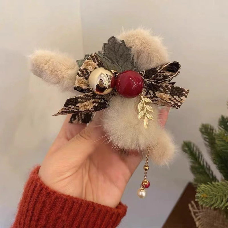 Stylishwe   クリスマス ふかふか チェック柄リボン付きドロップ バンスクリップ 3色