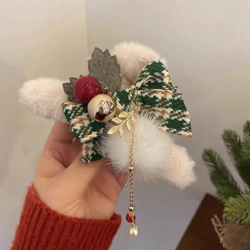 Stylishwe   クリスマス ふかふか チェック柄リボン付きドロップ バンスクリップ 3色