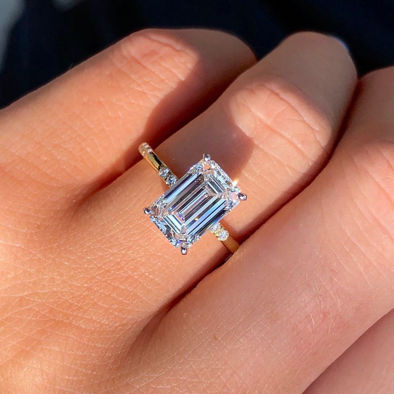 Stylishwe  6.0カラット 豪華 イエローゴールド エメラルドカット 婚約指輪