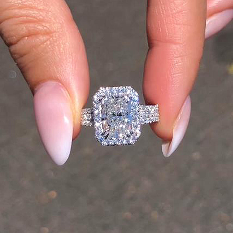 Stylishwe  3.3カラット スパークル ホワイトゴールド ラディアントカット スターリング シルバー婚約指輪