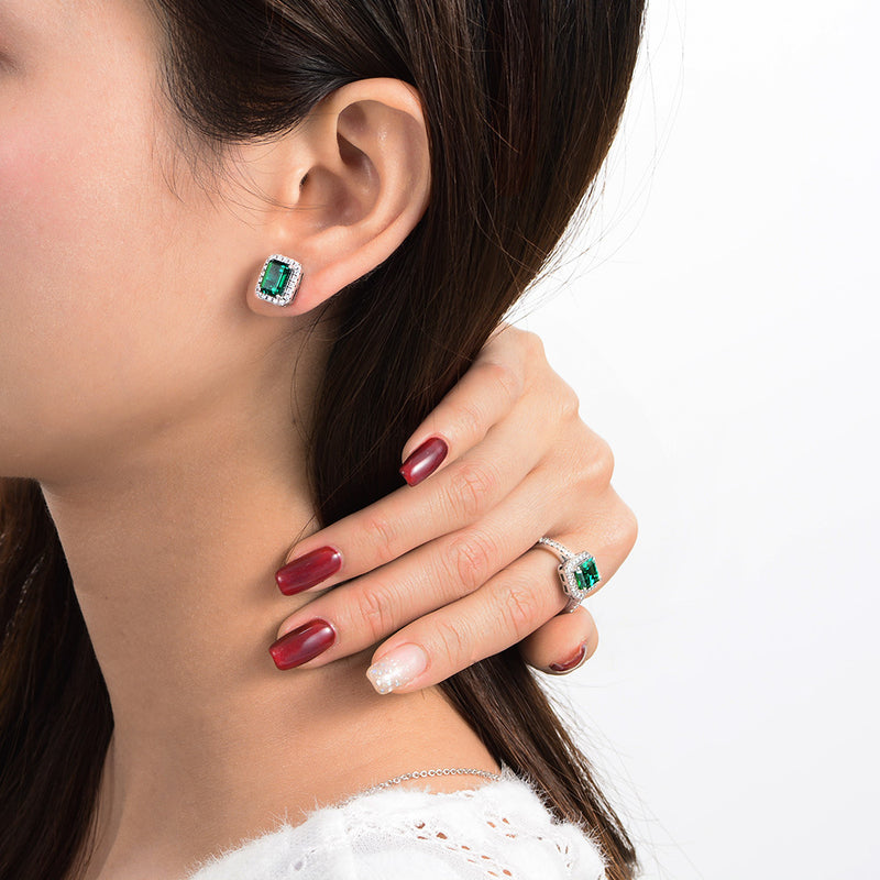 Stylishwe 1.5カラット ヘイロー 合成エメラルド スタンドピアス - stylish we